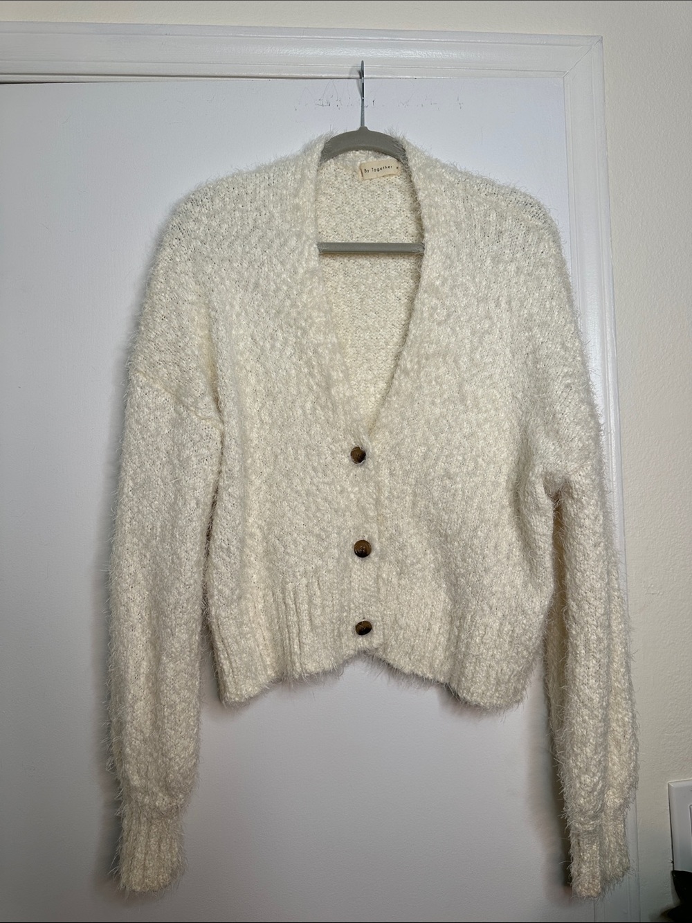 Anthropologie By Together Cream Fuzzy V-Neck Button Cardigan